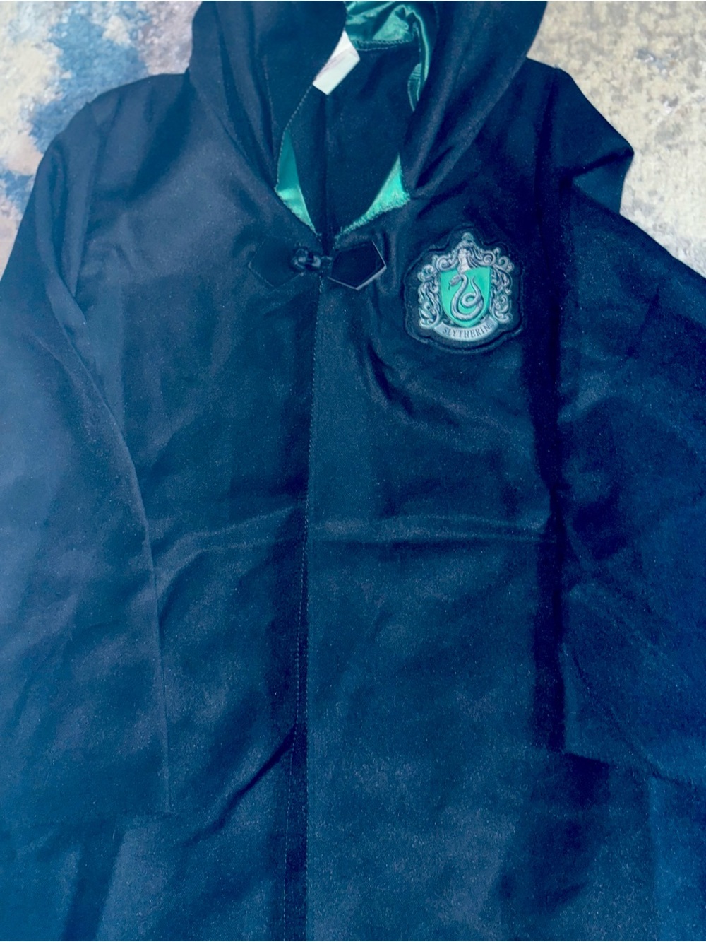 Black Hooded Slytherine Robe with Green Trim - Men's Wizard-Style Robe